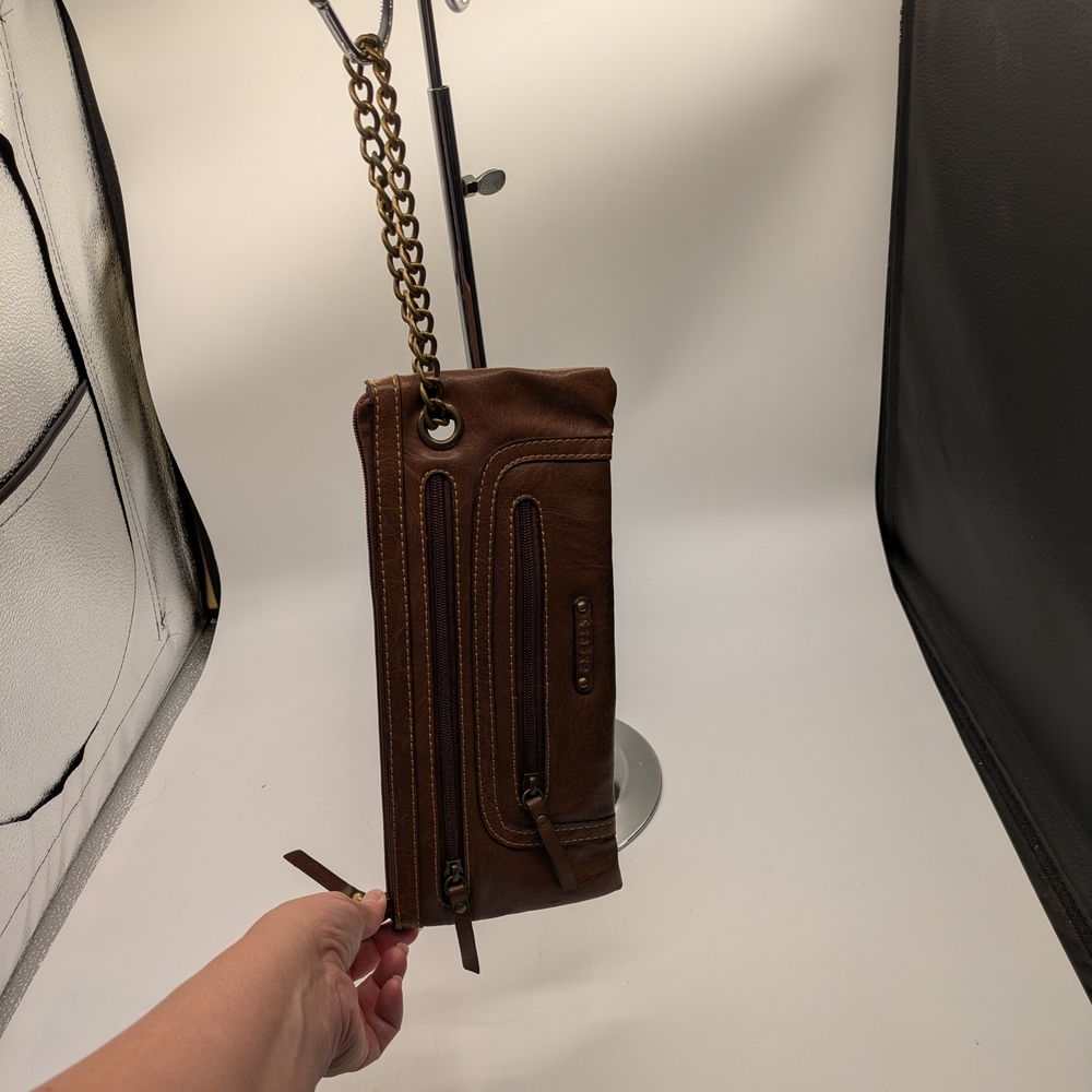 Axcess Floral Lined Brown Faux Leather Wristlet